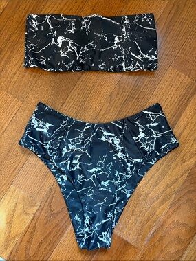 Black Marble Print Bandeau Bikini Set